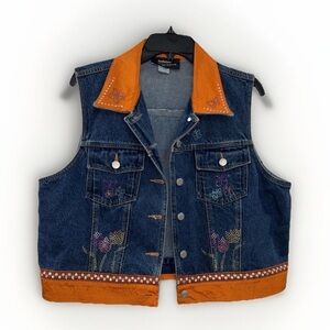 Sparkling Embroidered Size XL Denim Jean Vest Orange‎ Rhinestone 100% Cotton